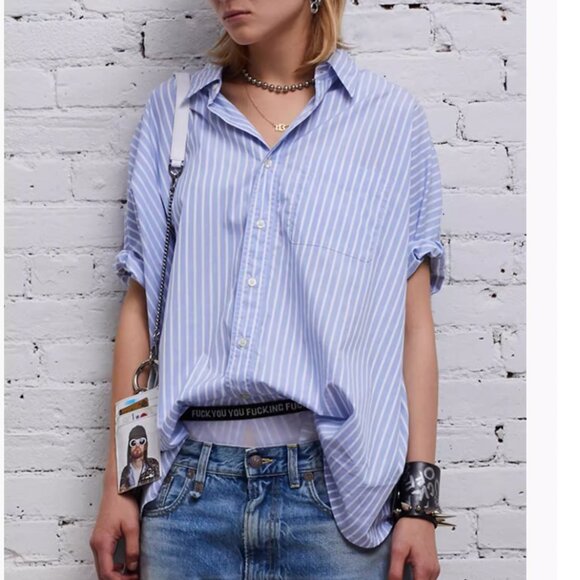 R13 Oversized Boxy Button Up Shirt - Lt Blue Wide Stripe - Picture 1 of 6